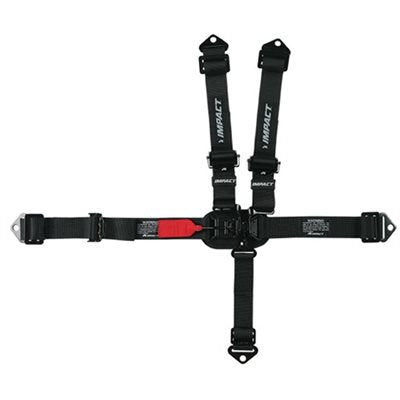Black Impact Racing latch and link 3 inch kart harness laid out in plus shape with visible IMPACT text, red buckle release, shoulder adjusters and bolt-in tabs on a white background