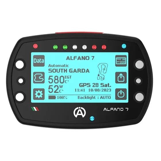 Alfano 7 T1 digital gauge displaying RPM, temperature, GPS data, and lap times