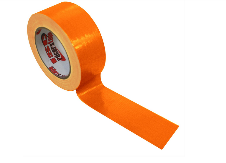 Roll of bright orange duct tape, with a few inches rolled out on a white background