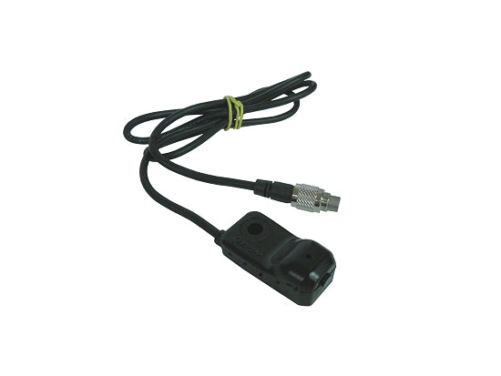 Close-up of black MC6 7-pin infrared receiver with cable and connector for AIM kart gauges
