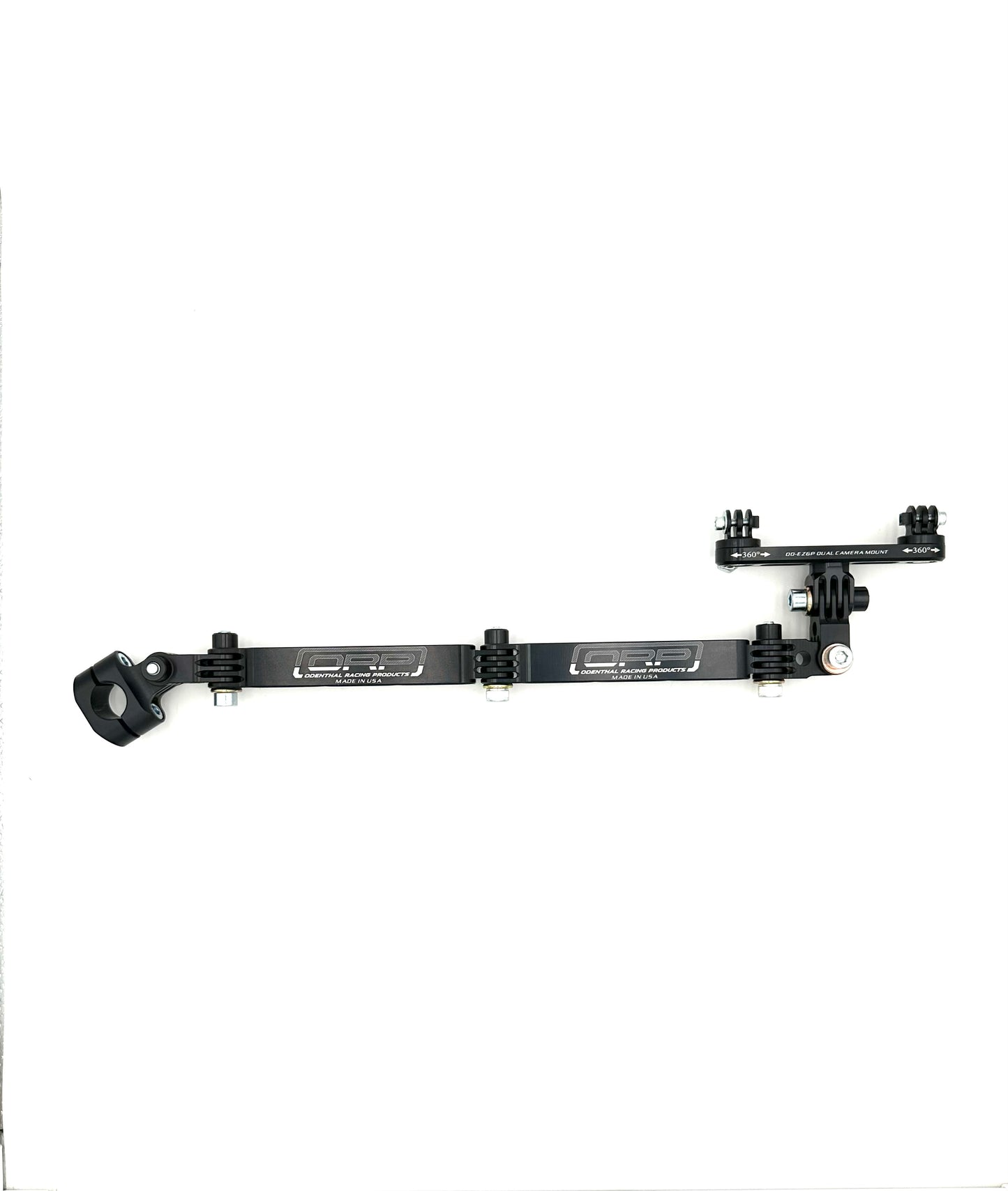Black EZGP long arm dual swivel camera mount laid flat showing tube clamp, branded aluminum arms, adjustment knobs and dual GoPro swivel head with 360 degree markings on a white background