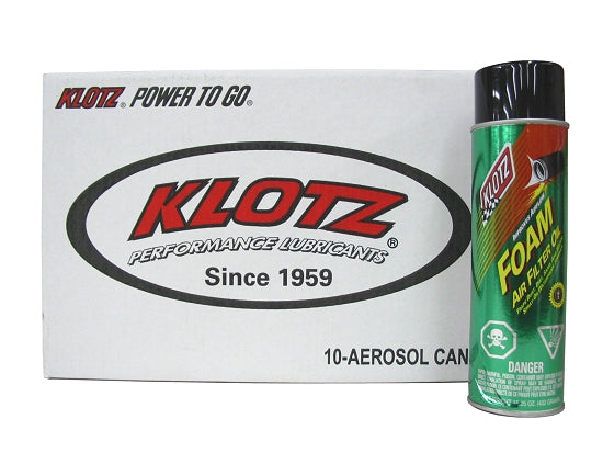 Case containing 10 cans of 16oz Klotz foam filter oil for karts