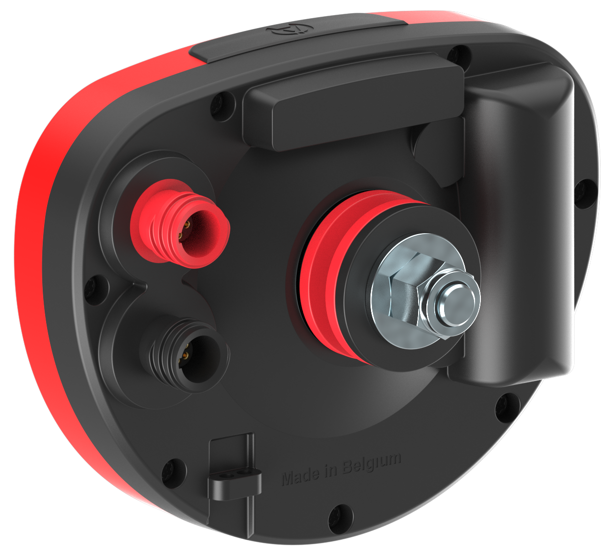 Alfano Legend gauge rear view highlighting red and black housing, two connection ports, central mounting bolt and Made in Belgium engraving on a white background