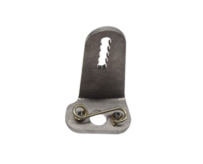 Right hand aluminum body mount bracket with spring and cotter pin hardware showing slotted tab and chassis hole on a white background