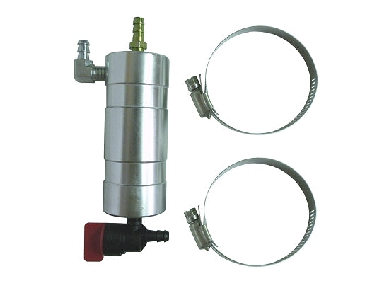 Silver aluminum catch tank with mounting clamps for racing kart