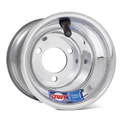 Polished DWT 5.00x6 aluminum kart wheel with 3-lug pattern, black valve stem, and blue DWT badge on a white background