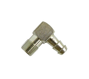 Close-up of 90-degree square head fuel fitting with 1/8-inch thread and 1/4-inch barb