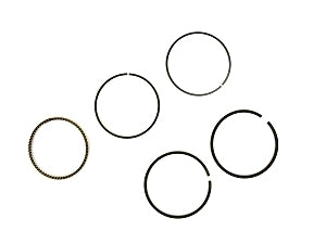 Five individual piston rings from original Honda clone ring set .030 with four dark cast iron rings one golden finish ring and visible end gaps on a white background