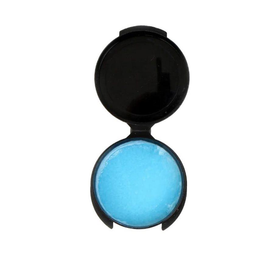 Open black container showing bright blue K-Klear anti-fog gel inside on a white background