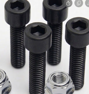 Steel M6 sprocket hub bolts and nyloc nut on a white background