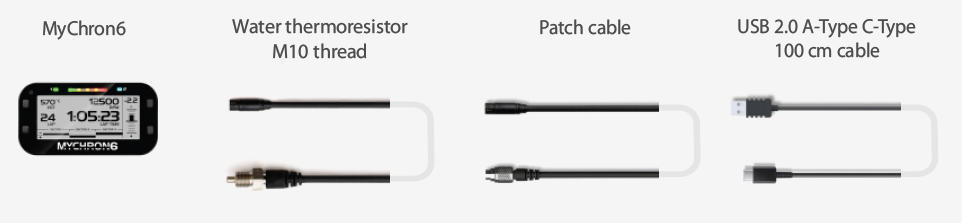 AiM MyChron 6 Kit 6 XM6TRM10 contents: data logger, Water thermoresistor M10, patch cable, and USB 2.0 A-Type to C-Type 100 cm cable on a white background