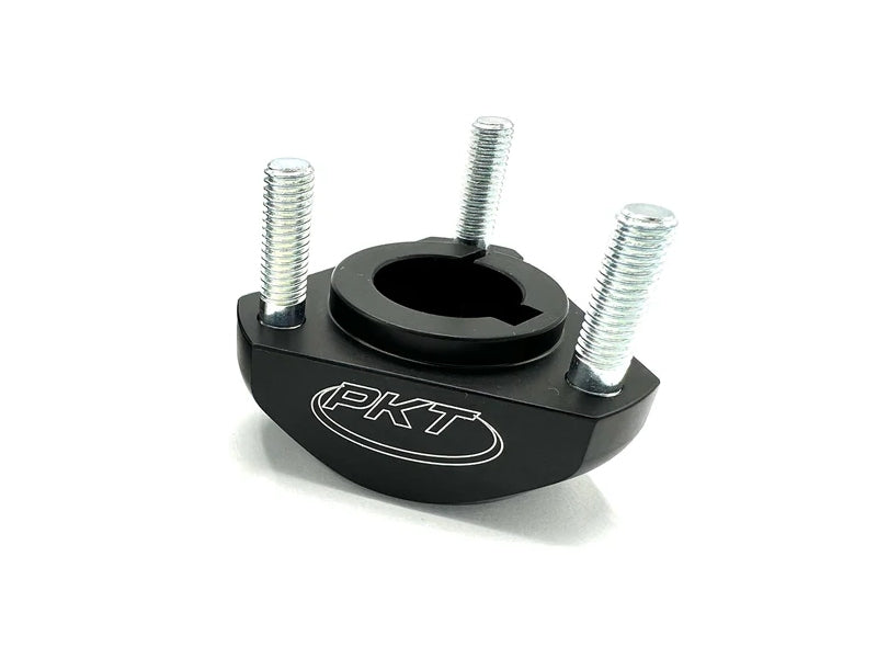 Single black PKT 25x30 rear wheel hub shown at a three-quarter angle against a white background, clearly displaying the 25mm bore with 8mm keyway, three installed 8mm wheel studs, and white PKT logo on the side.
