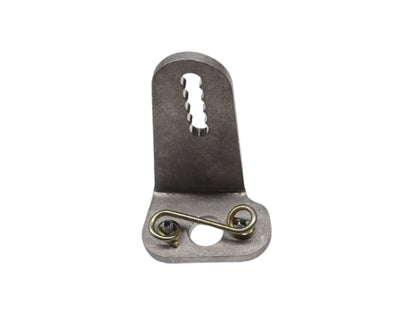 Single angled product photo of the silver aluminum left-hand body mount bracket showing the vertical slotted tab, base with two mounting holes, and the attached brass-colored spring clip on a white background.
