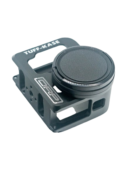 Angled side view of the black Tuff-Kase II highlighting the depth of the CNC-machined aluminum housing, cooling vents, and overall rugged construction on a white background