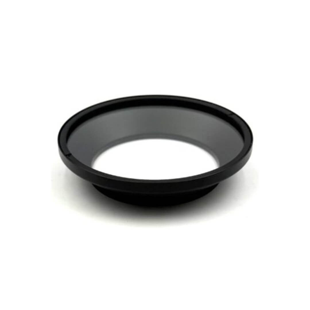 Front view of the wide angle lens assembly showing the dark polycarbonate lens installed in its black aluminum housing on a white background