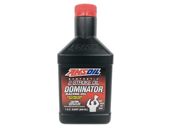 Quart bottle of Amsoil Dominator two-stroke oil for karts