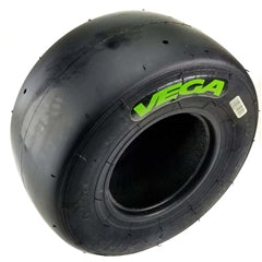 Closeup of green XH3 460x5 Vega sprint tire on white background