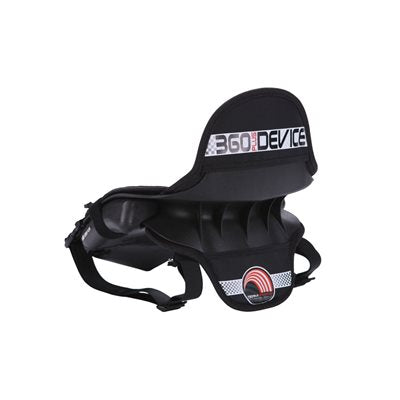 Black 360 Plus Youth Device rear three-quarter view showing 360 Device logo, red and silver checkered graphic on lower pad and torso straps on a white background
