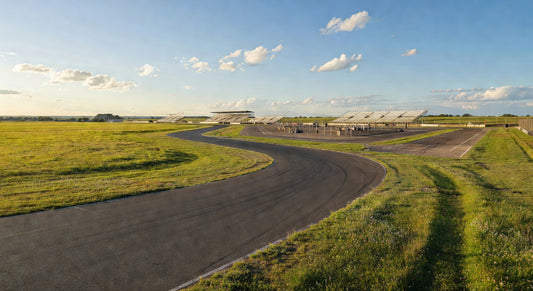 Paved sprint kart track at golden hour