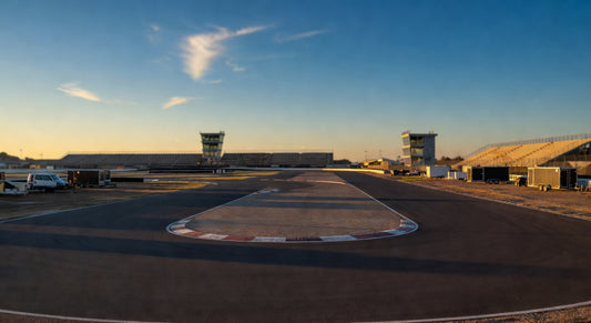 Paved sprint kart track bathed in golden hour light, ready for action.