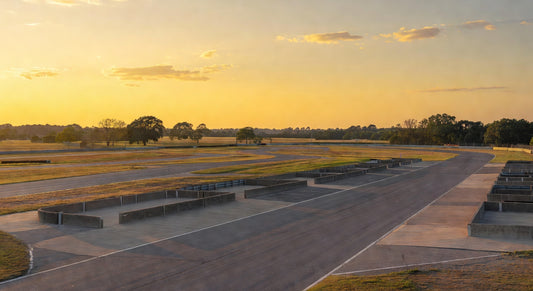 Dusk landscape of a Midwest kart track pit area for 4-cycle racing.