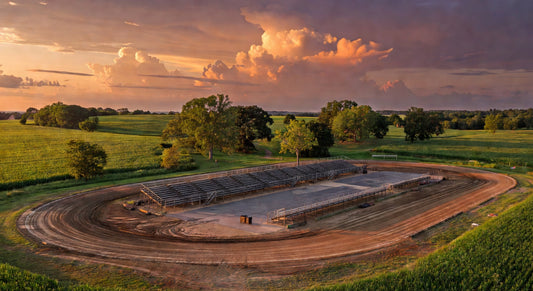 Midwest dirt oval kart track at golden hour