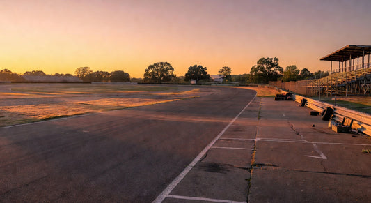 Sunset view of a quiet karting track pit area