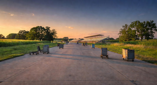 Sunset view over empty karting pit lanes with tool areas in the distance.