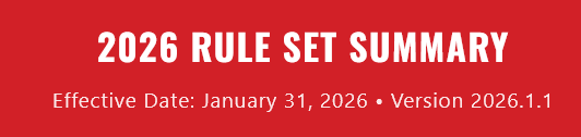Picture of text that says 2026 rule set summary with red background and white text. Effective date: 1-31-26