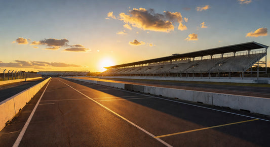 Sunset landscape of paved kart racing track and pits