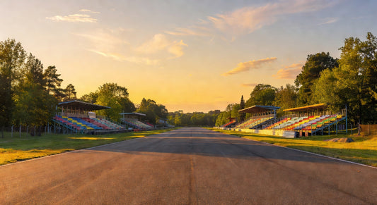 Sunset view of a sprint kart track ready for evening practice.