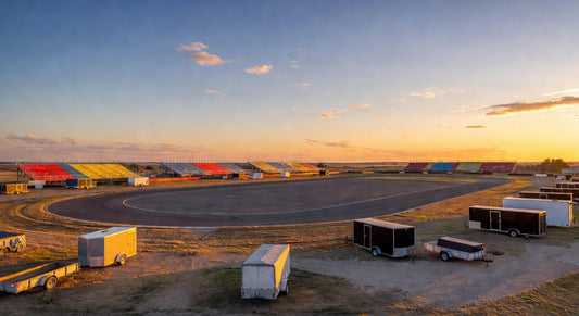 Sunset view over a Midwest kart racing track, evoking pre-race excitement.