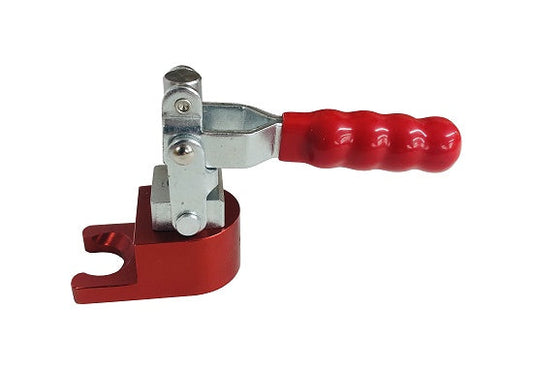 KM600 valve spring compressor with a red toggle handle and a slotted base that hooks the LO206 rocker stud