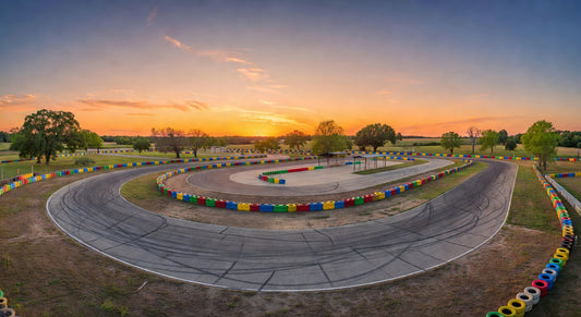 Sunset view of a 4-cycle karting track ready for evening practice.