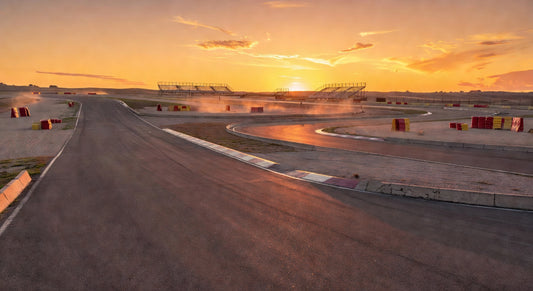 Sunset landscape of a paved karting track ready for LO206 race action.