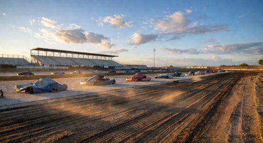 Golden hour scene at a karting dirt oval track with empty pits.