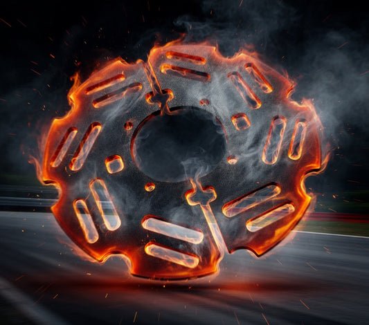 The smoker performance gear hub sprocket guard very hot and almost on fire and smoking off the top with a black background. The sprocket guard is standing at a 45 degree angle.