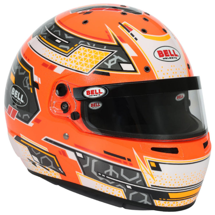 Bright orange painted kart racing helmet on a clean white background. Clear visor with a visor strip that says Bell in the corner of the strip. Centered above the visor it says BELL helmets in red lettering with a black circle around Bell. Black interior