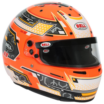 Bright orange painted kart racing helmet on a clean white background. Clear visor with a visor strip that says Bell in the corner of the strip. Centered above the visor it says BELL helmets in red lettering with a black circle around Bell. Black interior