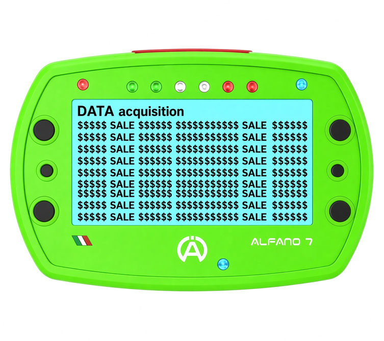 A bright lime green automotive diagnostic scanner tool labeled 'ALFANO 7' with a blue LCD screen displaying 'DATA acquisition' and repeated '$$$$$ SALE $$$$$$', on a plain white background.