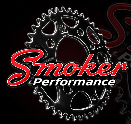 Red text that says Smoker, and a gear sprocket behind it that is a mini gear, black background.