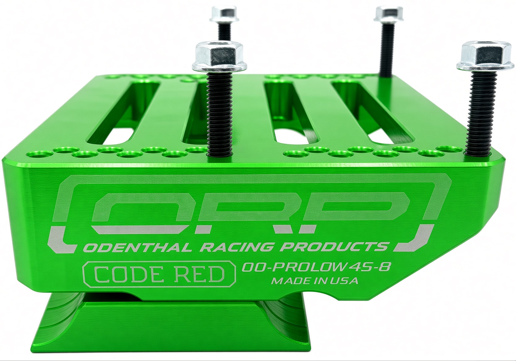 Lo206 low profile engine mount for kart racing colored neon green with 4 studs sticking up.