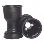 Two black Douglas SE Series 212mm magnesium kart wheels, one upright showing the drop-center barrel and three-lug metric face, the other lying to show the inner bell and mounting holes on a white background