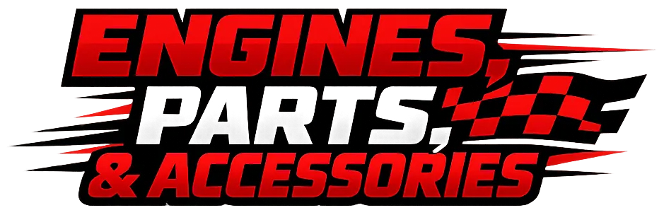 A small banner with red and black blocky text reading 'Engines, Parts, & Accessories' on a white background representing the kart engine parts collection.