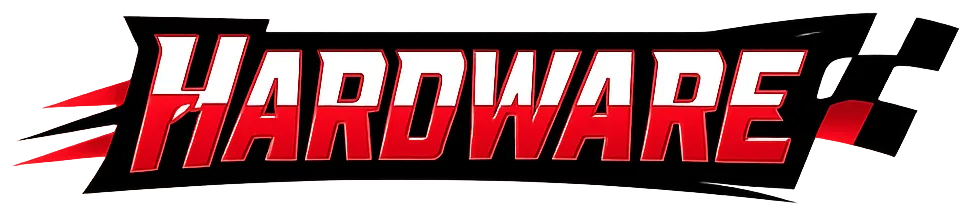 Red and black blocky performance text banner displaying the word Hardware for Briggs LO206 kart racing hardware parts.