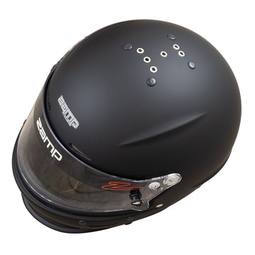 Matte black Zamp RZ-63S aramid kart racing helmet angled from above showing crown vent pattern and side logo on a white background