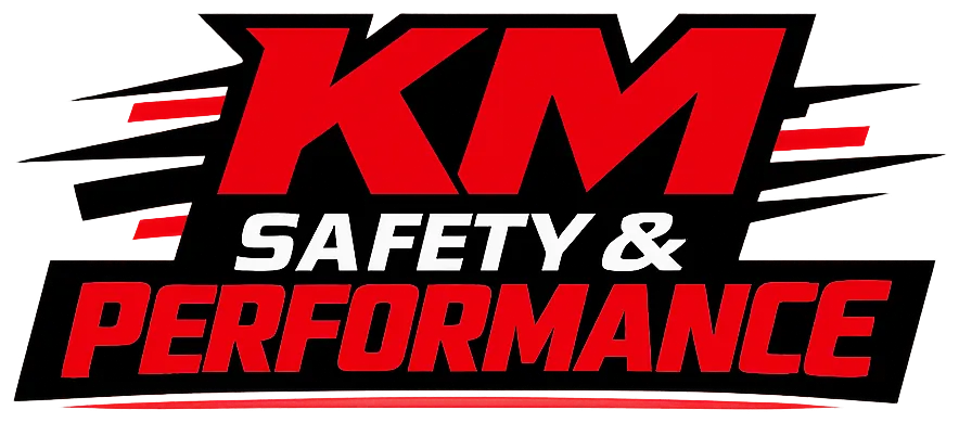 Red and black blocky performance text image for KM Safety & Performance collection page.