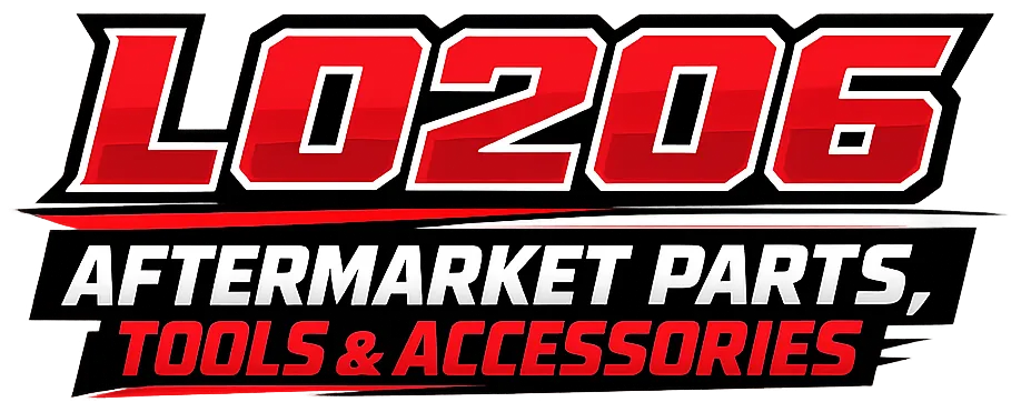 Red and black blocky text banner displaying 'LO206 Aftermarket Parts, Tools & Accessories' for LO206 kart aftermarket components.