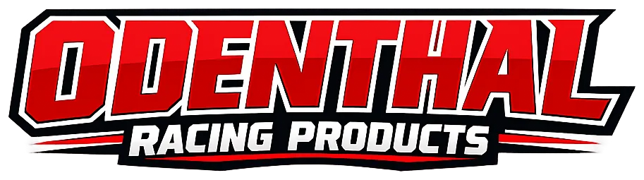 Red and black blocky performance text logo reading Odenthal Racing Products on white background, representing CNC-machined motor mounts and camera arms for kart racing.