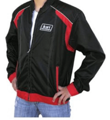 Black Racewear adult kart racing jacket with red accents and protective features